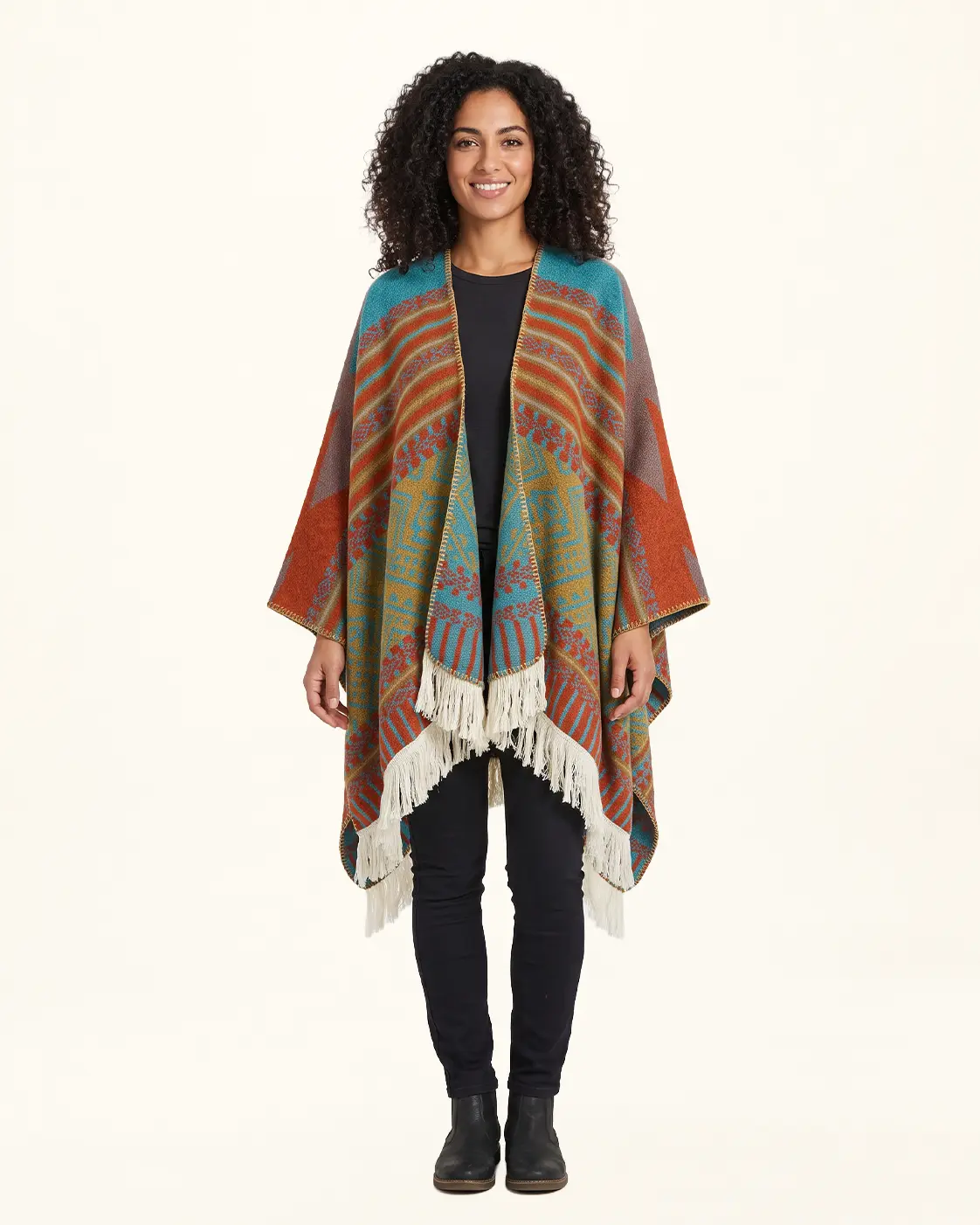 Terra & Teal Geometric Poncho